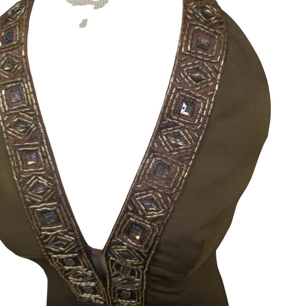 Laundry by Shelli Segal Halter Gown Womens 2 Brown Good Beaded Plunge Neck - Picture 4 of 12